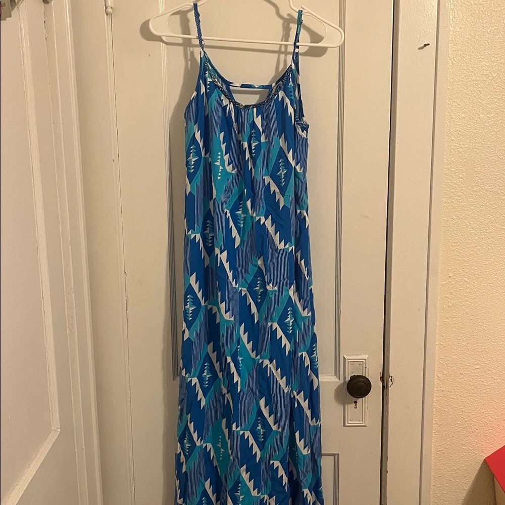 Santiki Blue and White Geometric Maxi Dress